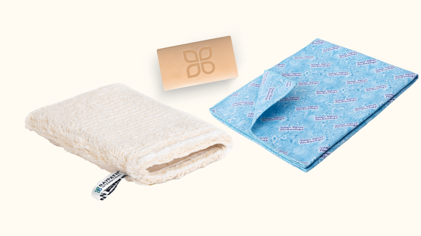 BEIGE VASKEVOTT + TØRKEKLUT +NANO SILVER SÅPE